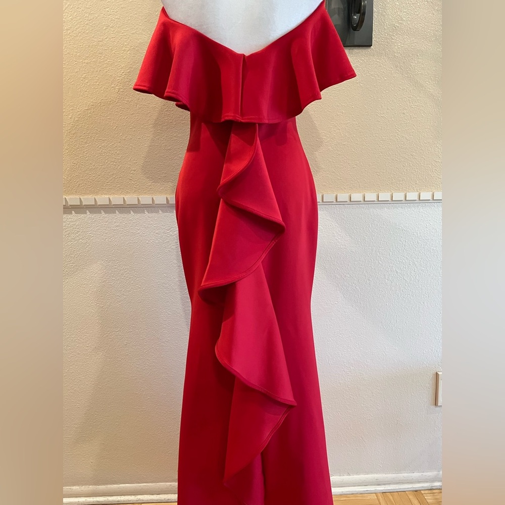 Formal/ Bridesmaid/ Evening long dress. Off—shoulder, ruffled. Red. Rare! M - Picture 6 of 11